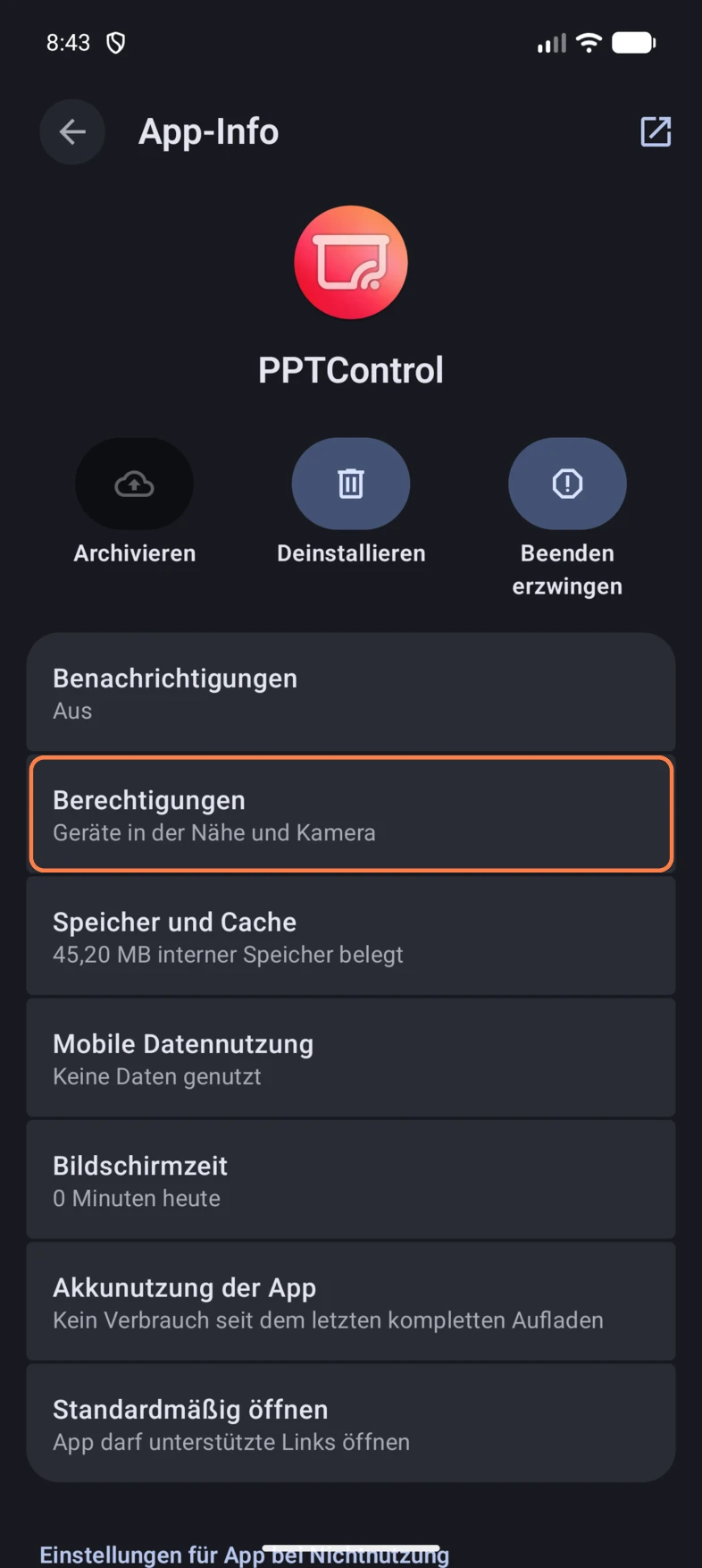 Tippe in der App-Info von PPTControl auf Berechtigungen.