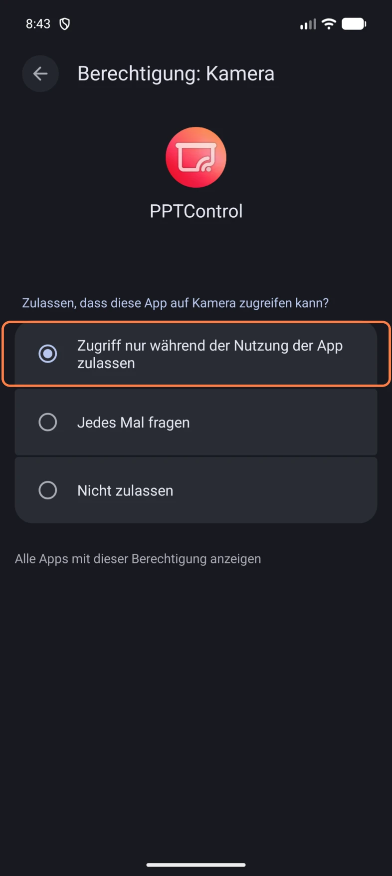 Wähle für Kamera Zugriff nur während der Nutzung der App zulassen. Der ausgefüllte Kreis zeigt die ausgewählte Option.