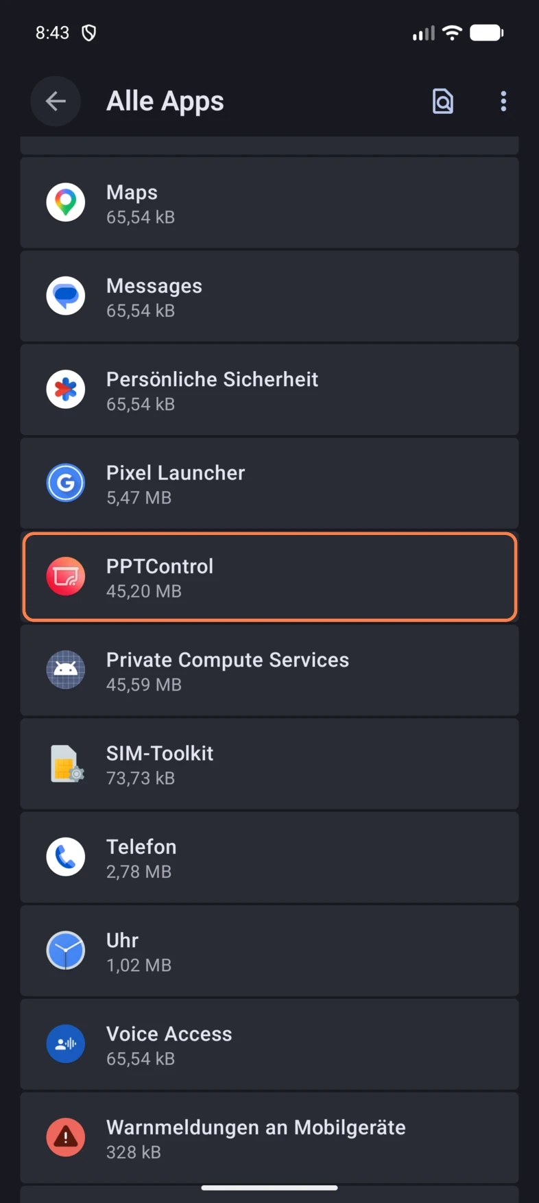 Scrolle unter Alle Apps zu PPTControl und tippe darauf.