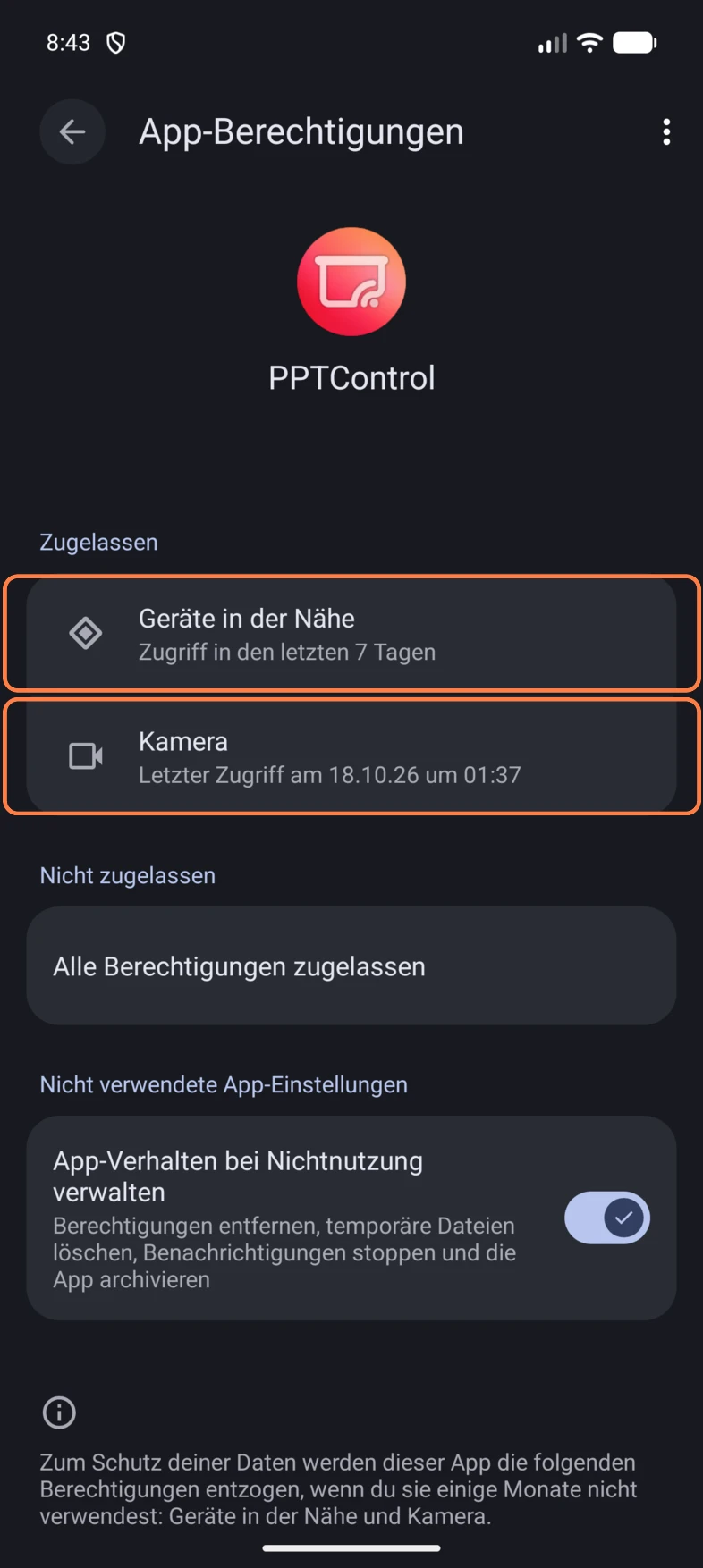 Tippe auf Kamera für den Scanner oder auf Geräte in der Nähe für Verbindungen. Beide Einträge können unter Zugelassen oder Nicht zugelassen stehen.