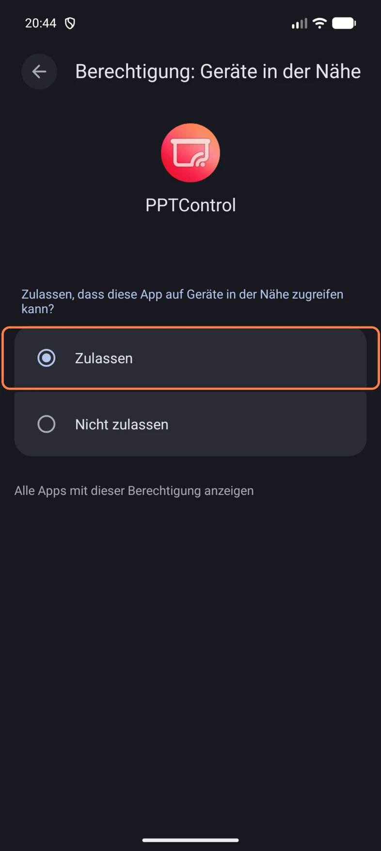 Wähle für Geräte in der Nähe Zulassen. Der ausgefüllte Kreis zeigt die ausgewählte Option.