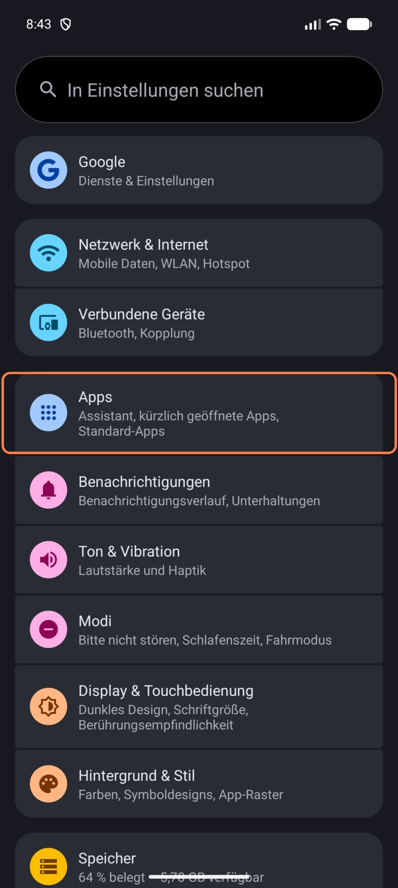 Tippe in der Einstellungen-App von Android auf Apps.