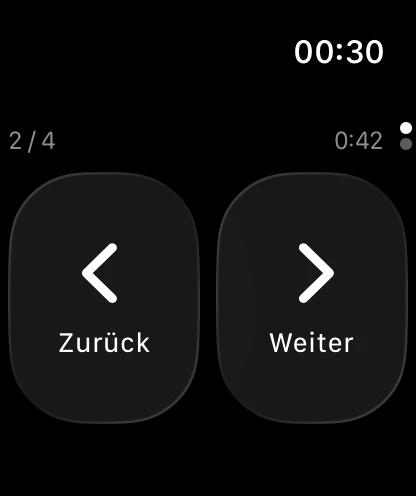 1. Wechsle Folien mit Zurück und Weiter. Wische ab watchOS 10 nach oben, um Mehr zu öffnen.