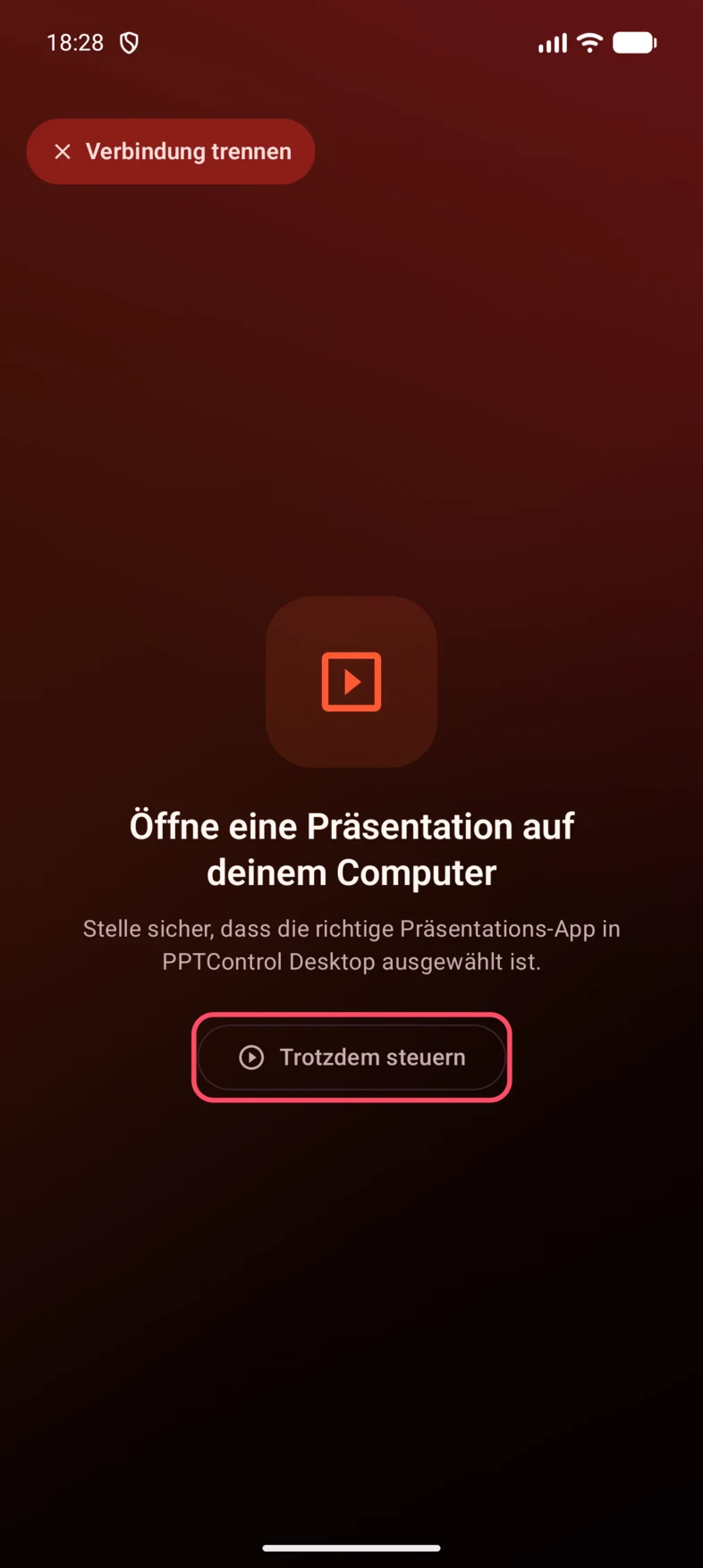 1. Wenn die Präsentation läuft, aber nicht erkannt wird, tippe auf Trotzdem steuern.