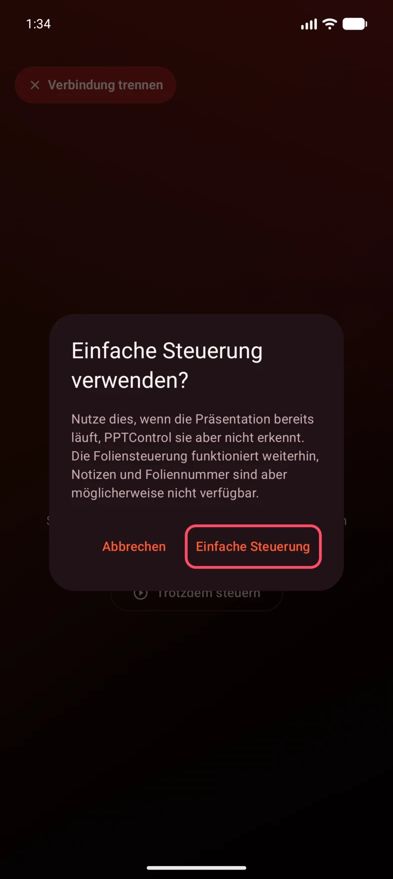 2. Bestätige mit Einfache Steuerung.