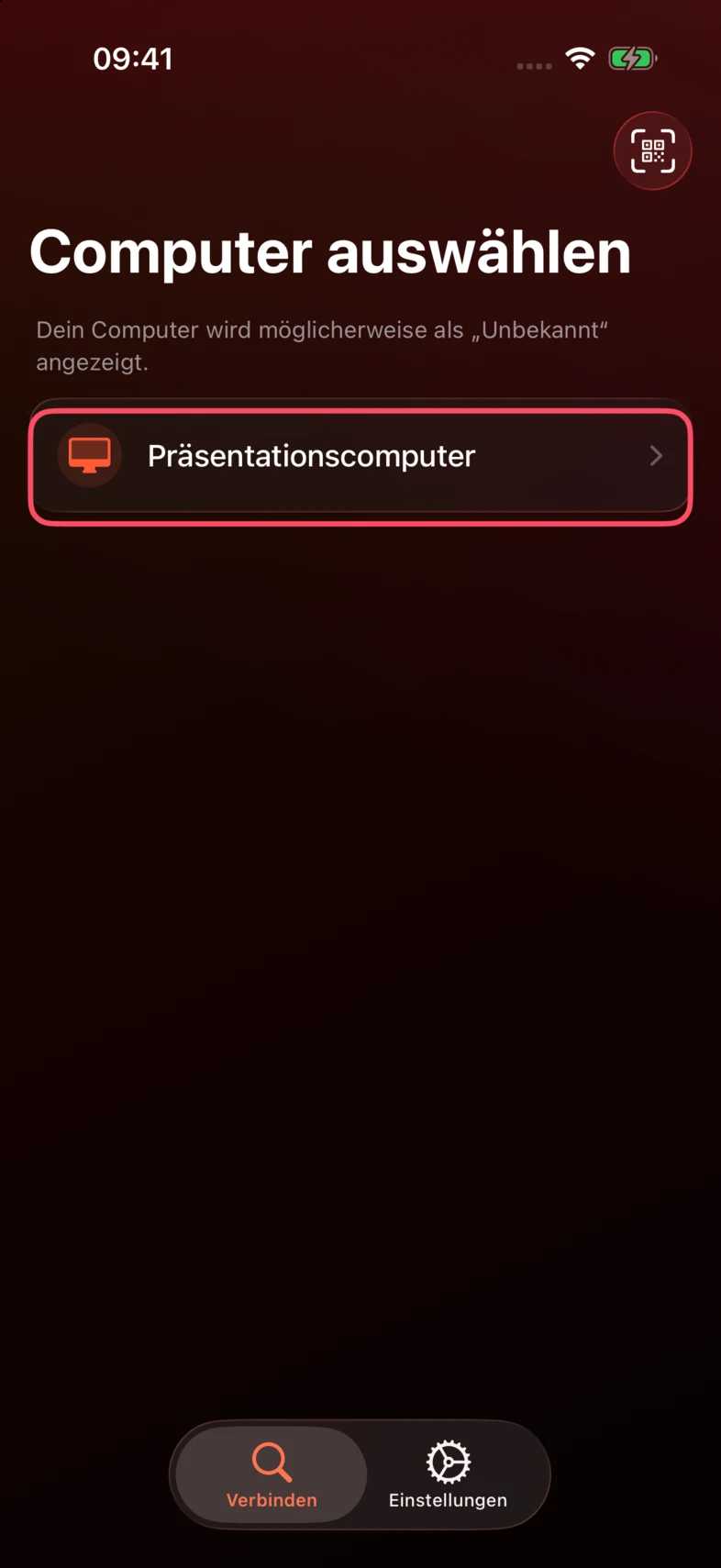 Tippe im Tab Verbinden von PPTControl auf deinen Computer in der Liste.
