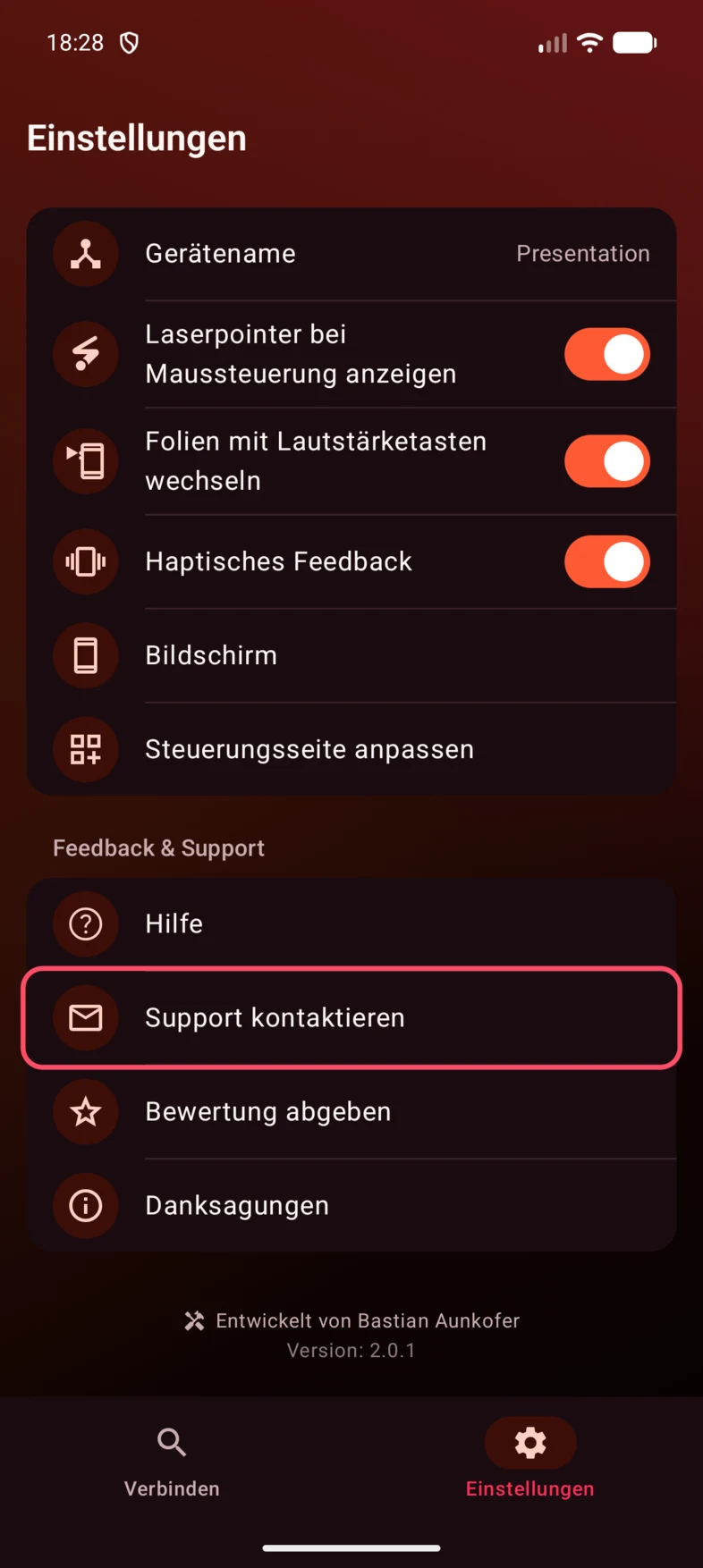 Scrolle in den Einstellungen zu Feedback & Support und tippe auf Support kontaktieren.
