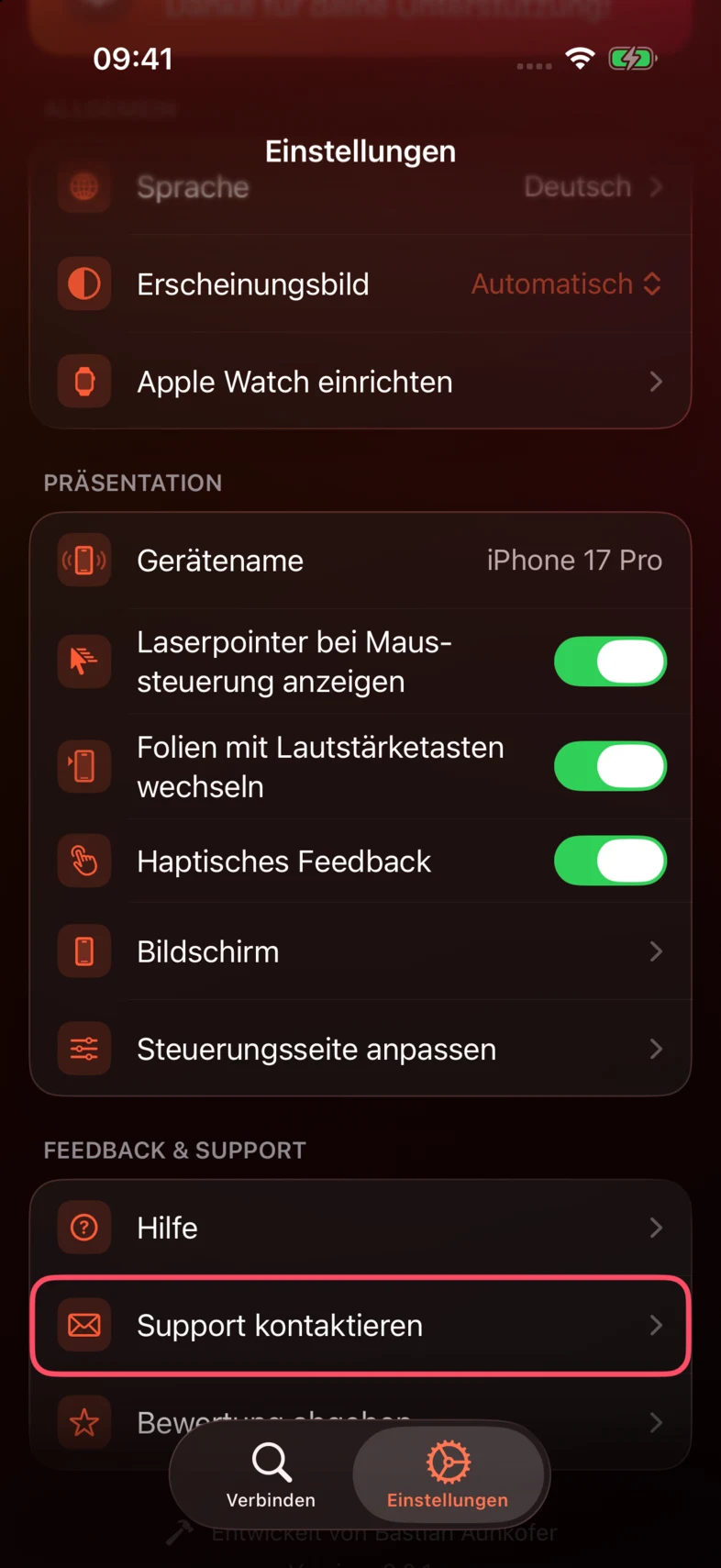 Scrolle in den Einstellungen zu Feedback & Support und tippe auf Support kontaktieren.
