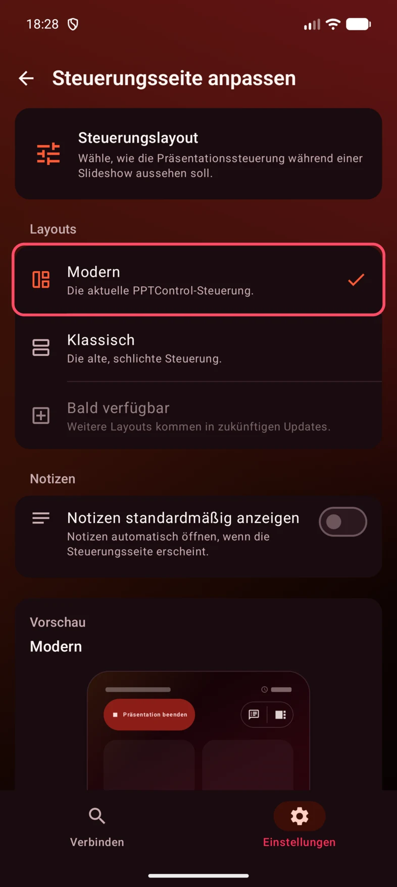 Wähle unter Steuerungsseite anpassen Modern oder Klassisch.
