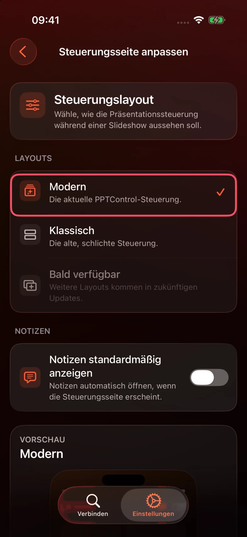 Wähle unter Steuerungsseite anpassen Modern oder Klassisch.