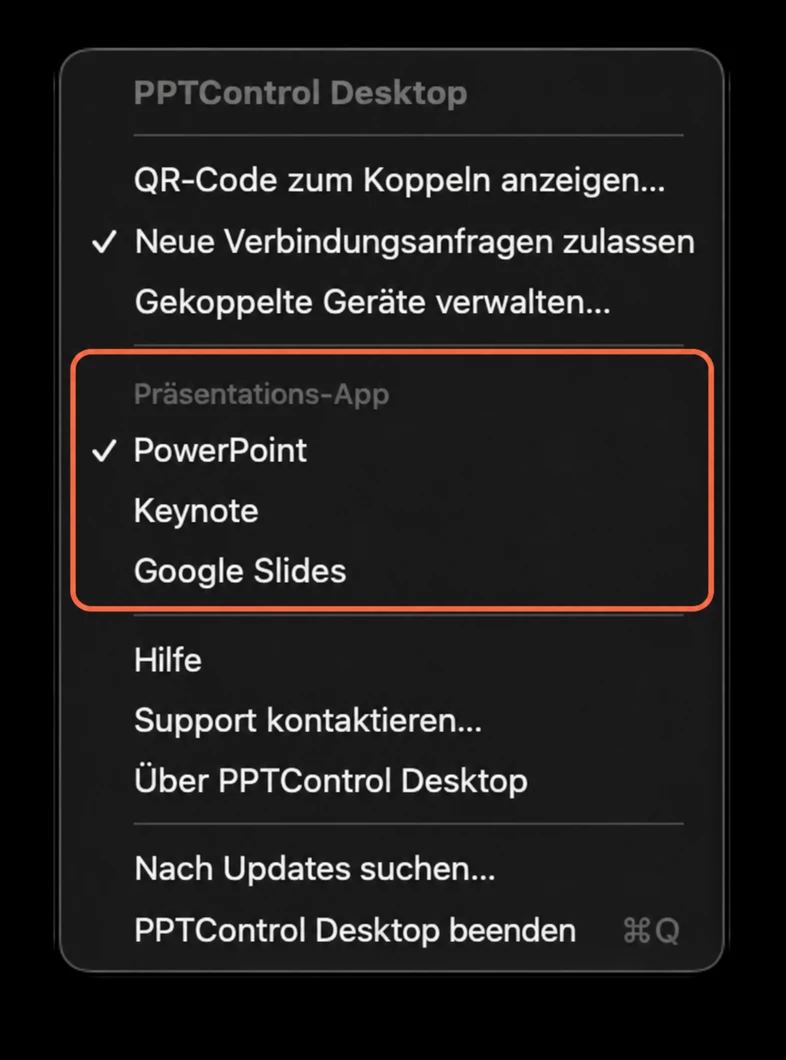 Wähle im Mac-Menü die passende Präsentations-App. Hier ist PowerPoint ausgewählt (Beispielansicht).