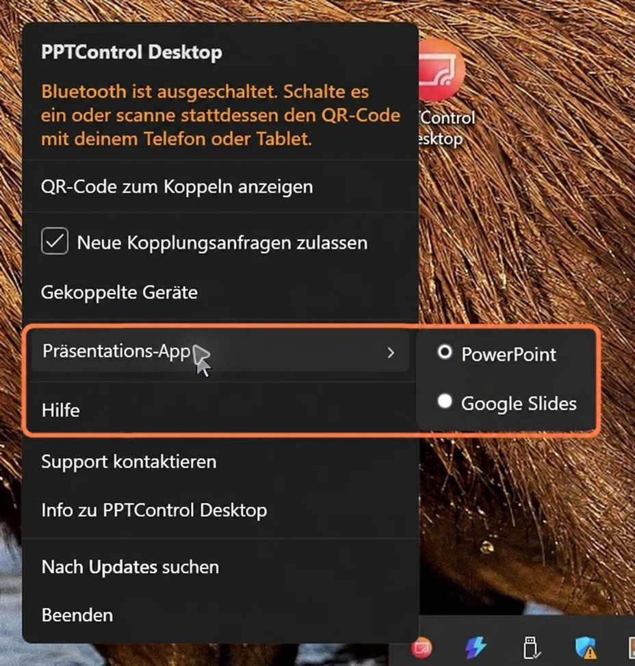 Wähle im Windows-Menü die Präsentations-App, die du verwendest (Beispielansicht).