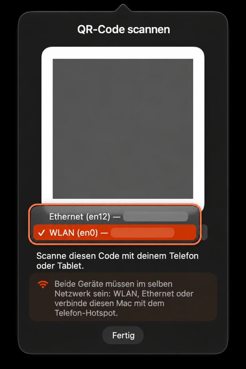 Wähle am Mac eine andere verfügbare Adresse unter dem QR-Code und scanne den neuen Code (Beispielansicht).