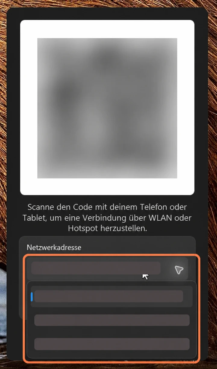 Wähle unter Windows eine andere verfügbare Adresse im QR-Code-Fenster und scanne den neuen Code (Beispielansicht).