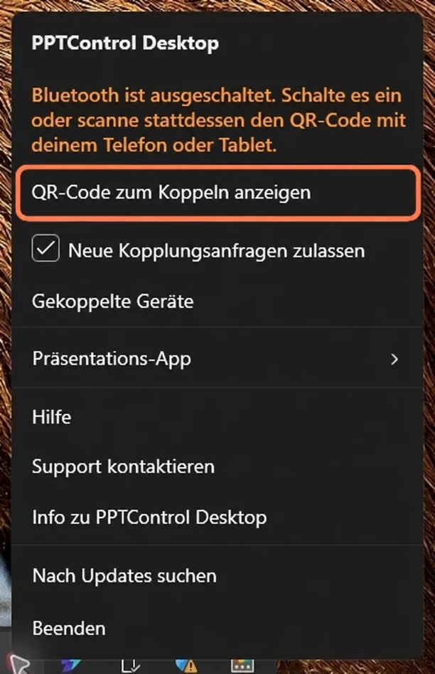 1. Wähle im Windows-Menü QR-Code zum Koppeln anzeigen (Beispielansicht).