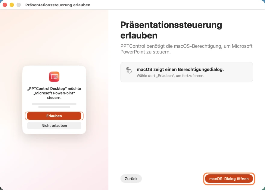 Klicke unter Präsentationssteuerung erlauben unten rechts auf macOS-Dialog öffnen.