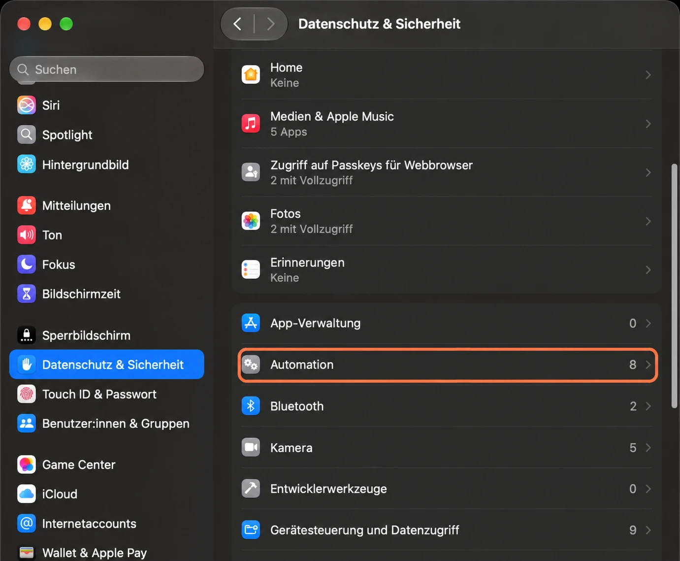 Öffne unter Datenschutz & Sicherheit den Eintrag Automation (Beispielansicht).