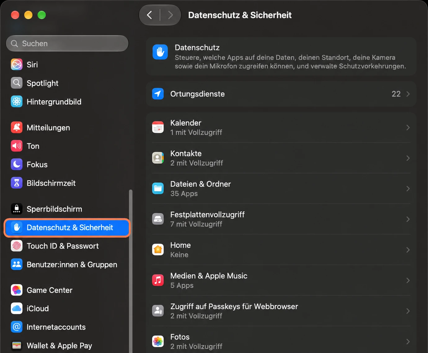 Wähle Datenschutz & Sicherheit in der Seitenleiste der Systemeinstellungen (Beispielansicht).