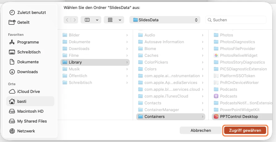 Lass oben SlidesData ausgewählt und klicke unten rechts auf Zugriff gewähren.