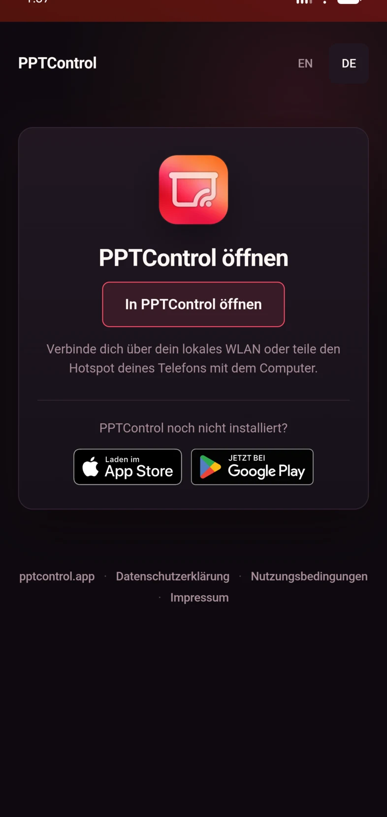 Tippe im Android-Browser auf der Kopplungsseite auf PPTControl öffnen.
