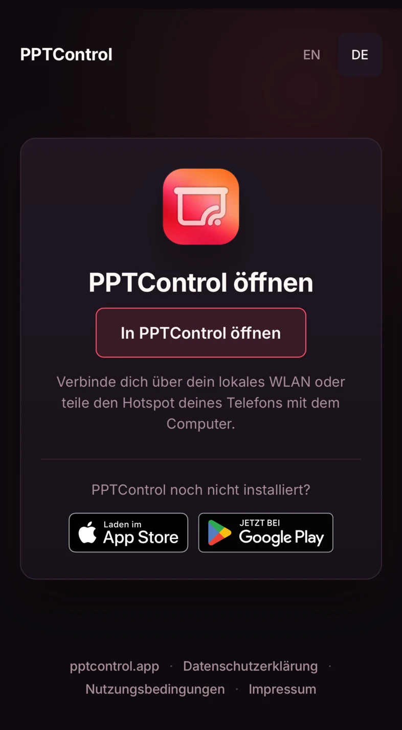 Tippe in Safari auf dem iPhone oder iPad auf der Kopplungsseite auf PPTControl öffnen.