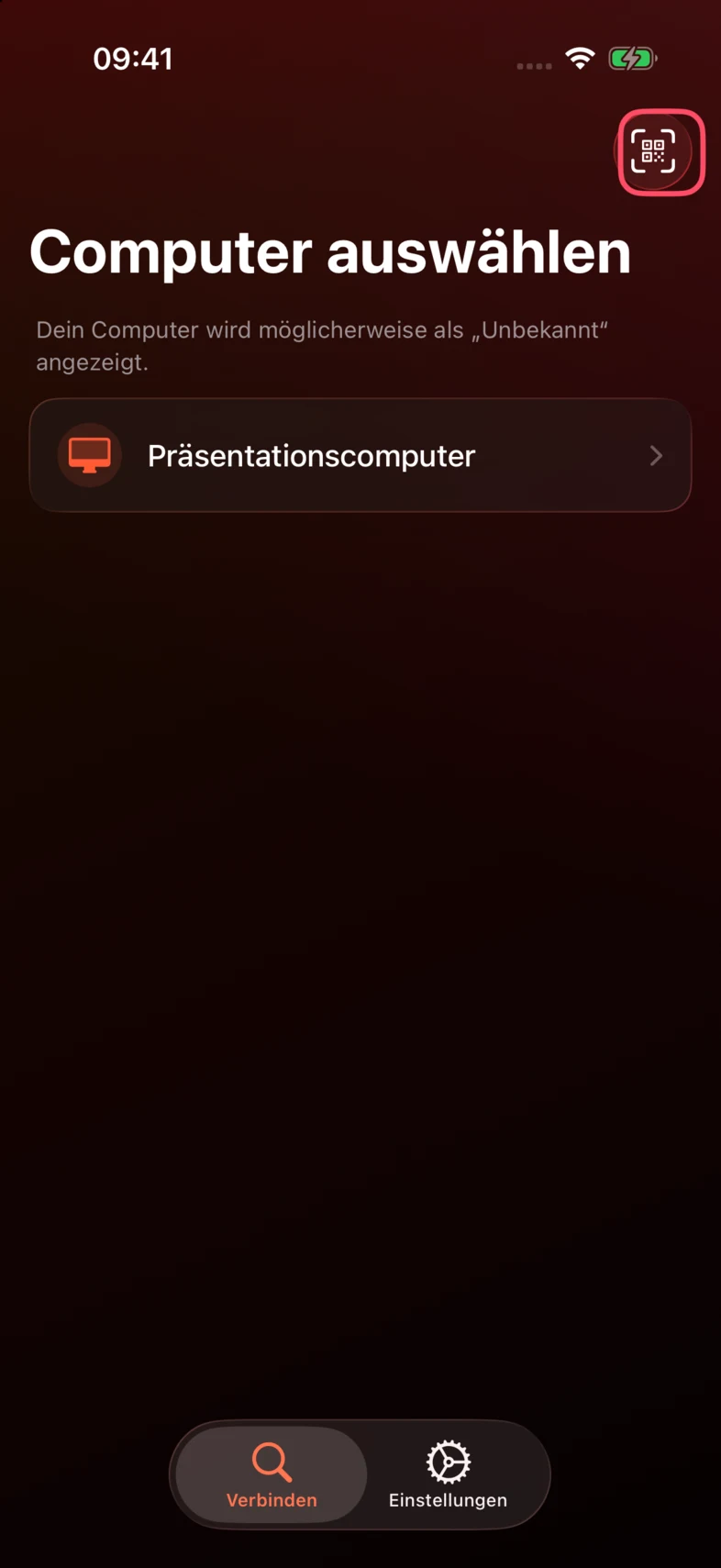 1. Tippe im Tab Verbinden von PPTControl oben rechts auf den QR-Scanner.