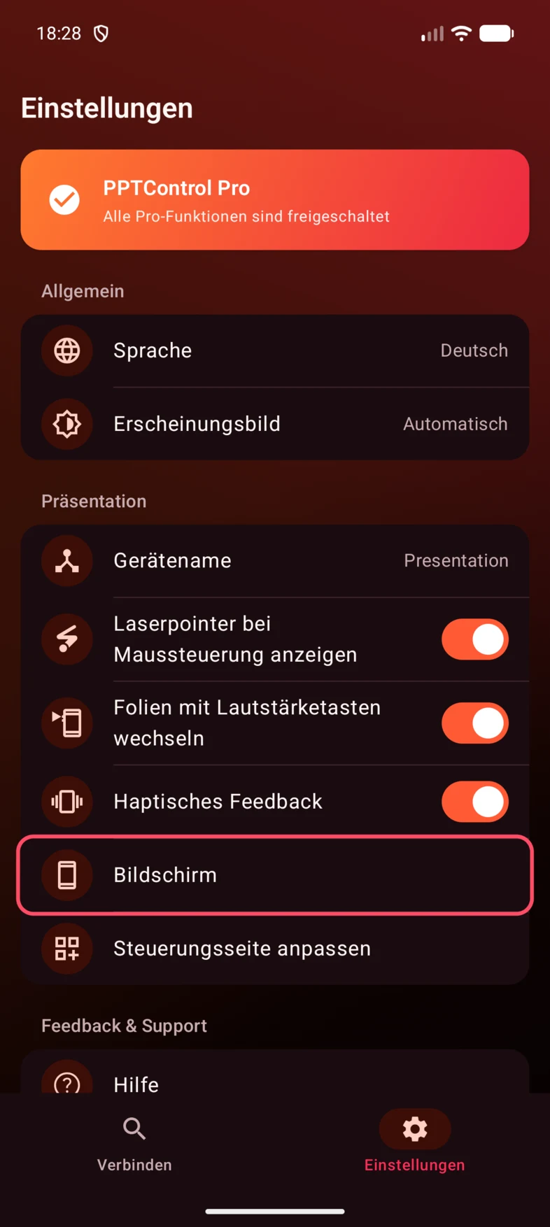 1. Öffne in PPTControl die Einstellungen und tippe auf Bildschirm.