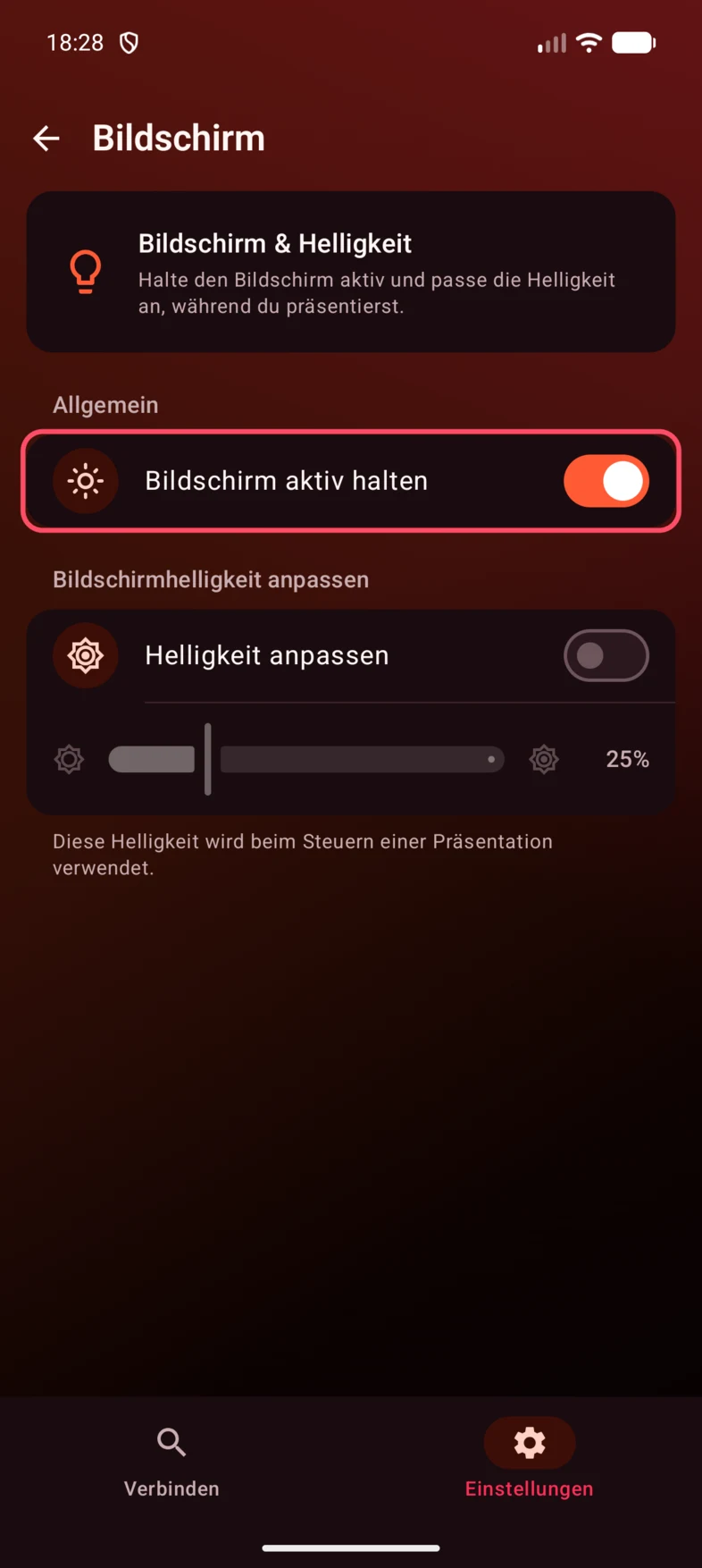 2. Aktiviere Bildschirm aktiv halten. Im Beispiel ist der Schalter eingeschaltet.