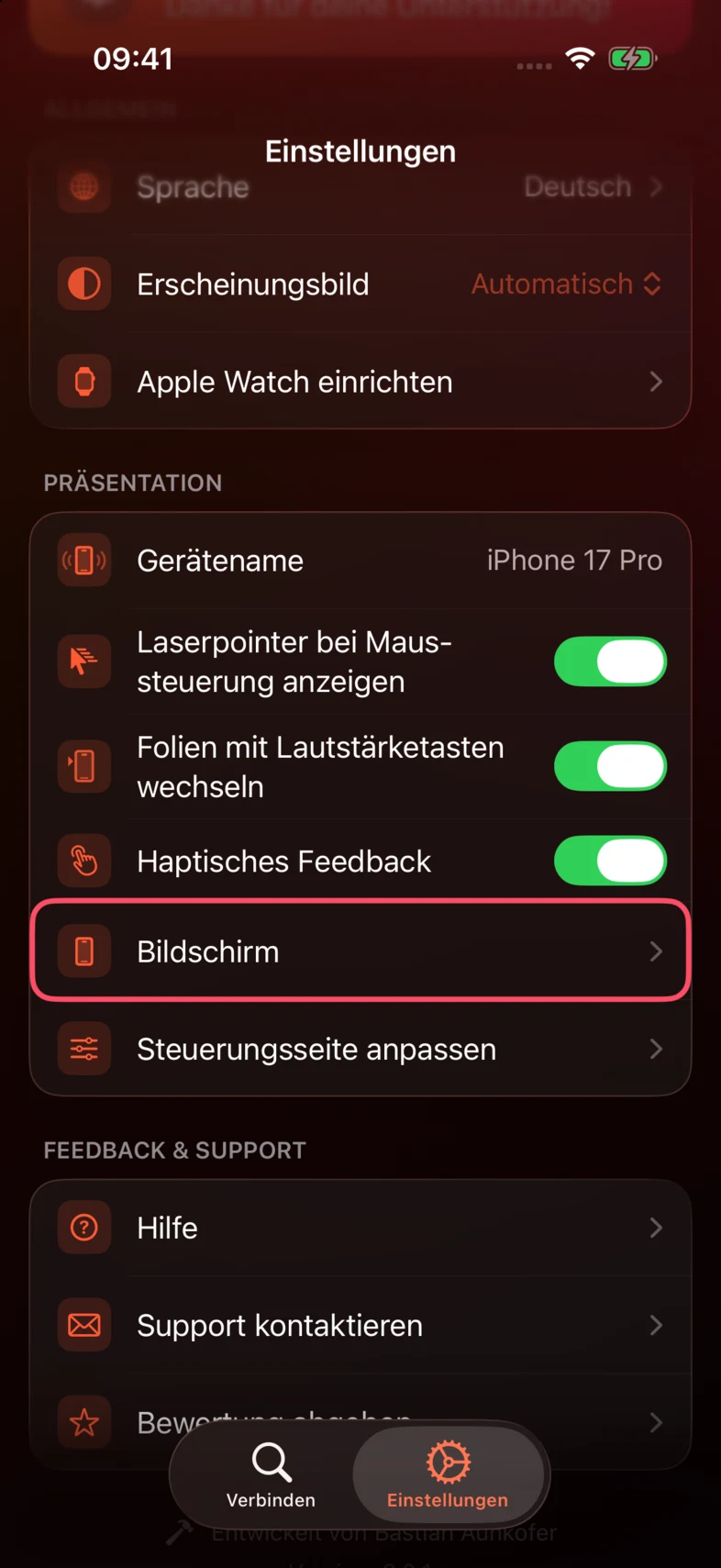 1. Öffne in PPTControl den Tab Einstellungen und tippe auf Bildschirm.