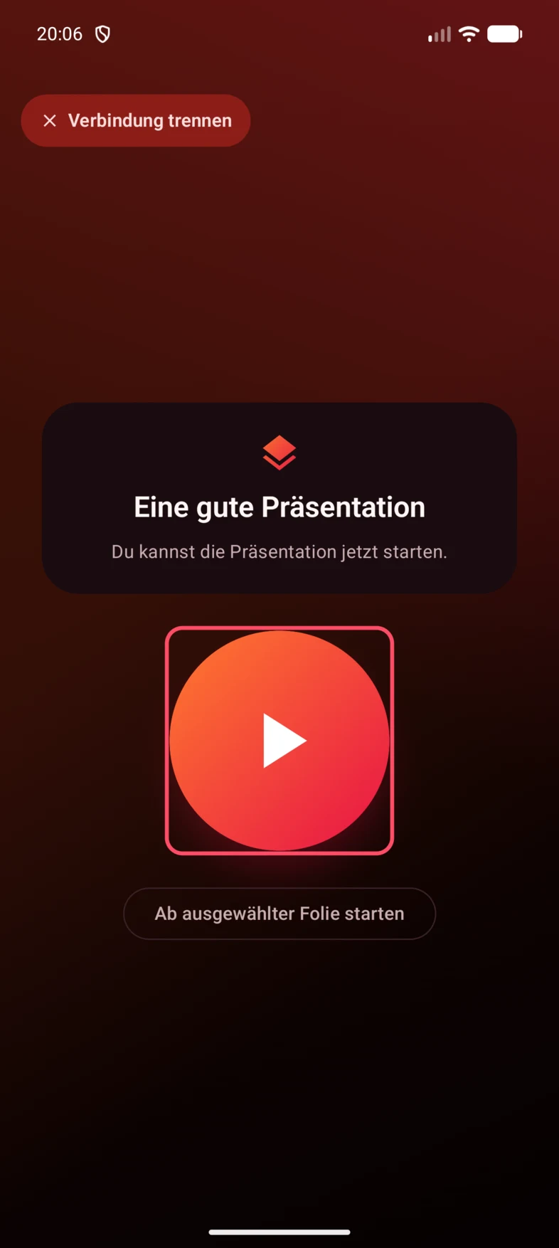 Wenn deine PowerPoint- oder Keynote-Präsentation erkannt wird, tippe auf die große Play-Taste, um die Bildschirmpräsentation zu starten.