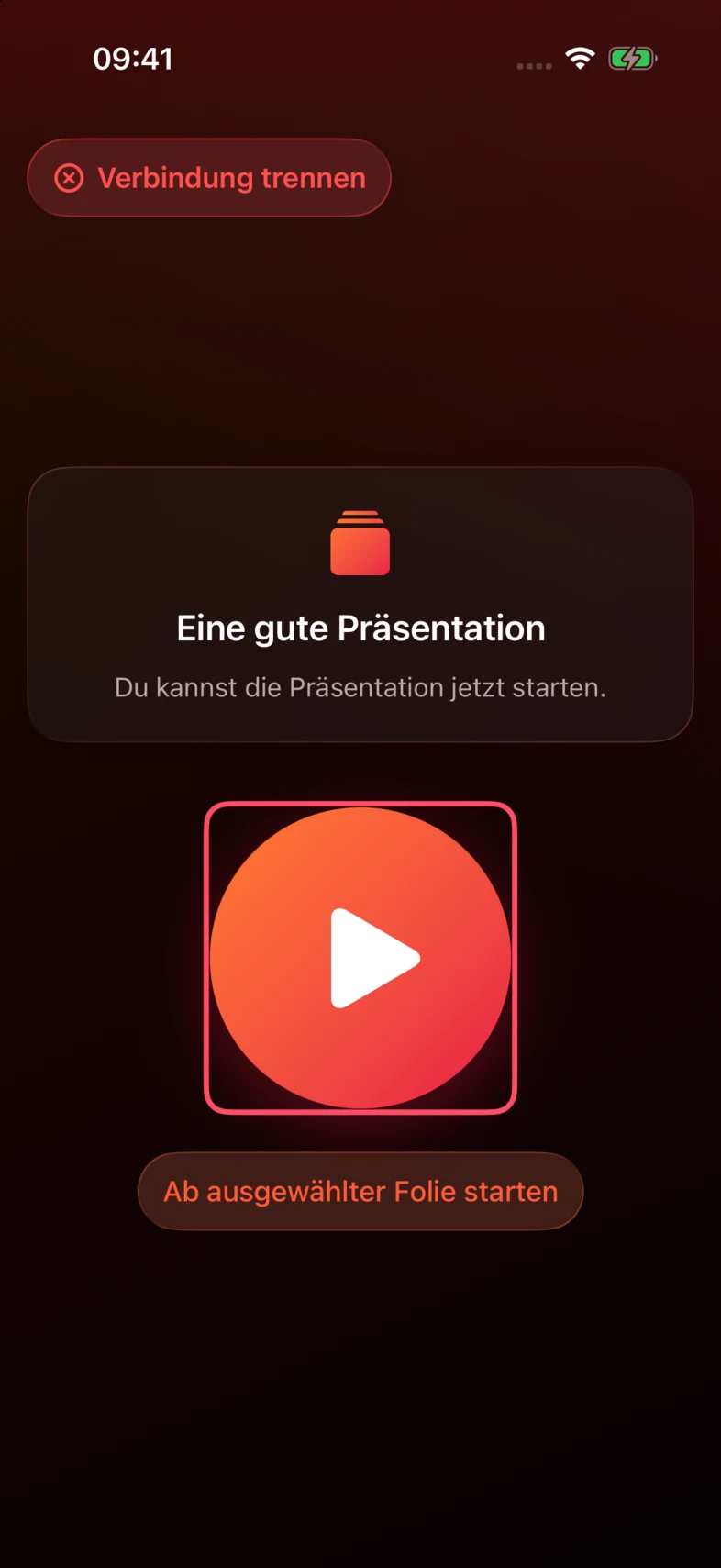 Wenn deine PowerPoint- oder Keynote-Präsentation erkannt wird, tippe auf die große Play-Taste, um die Bildschirmpräsentation zu starten.