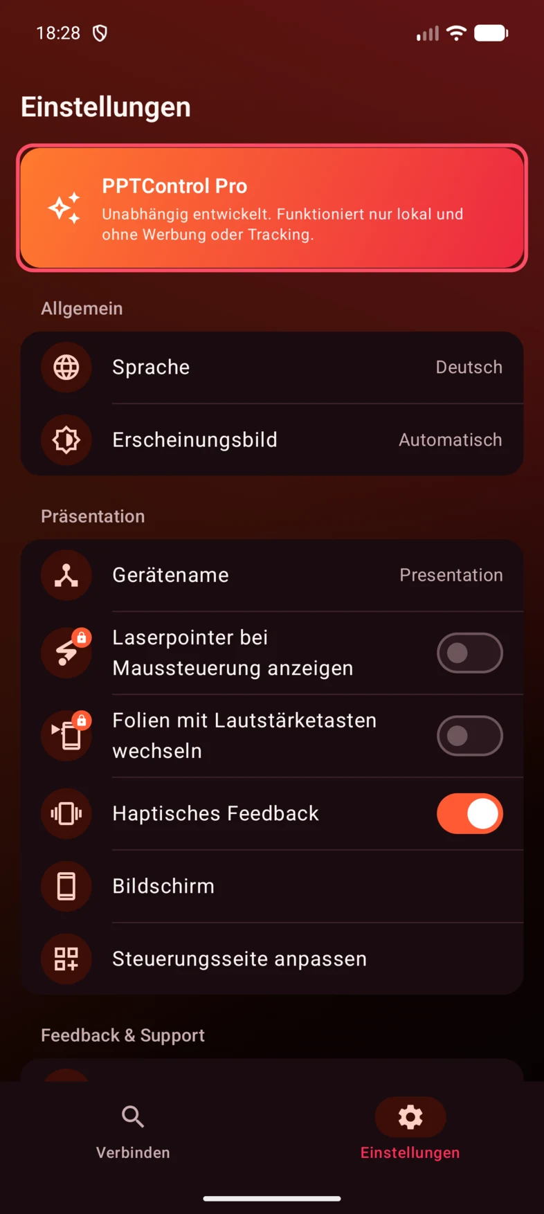 Tippe im Tab Einstellungen auf PPTControl Pro.