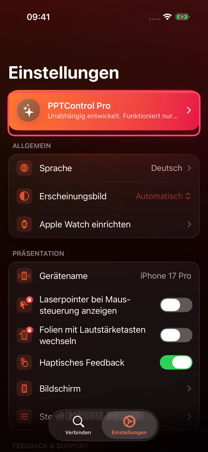 Tippe im Tab Einstellungen auf PPTControl Pro.