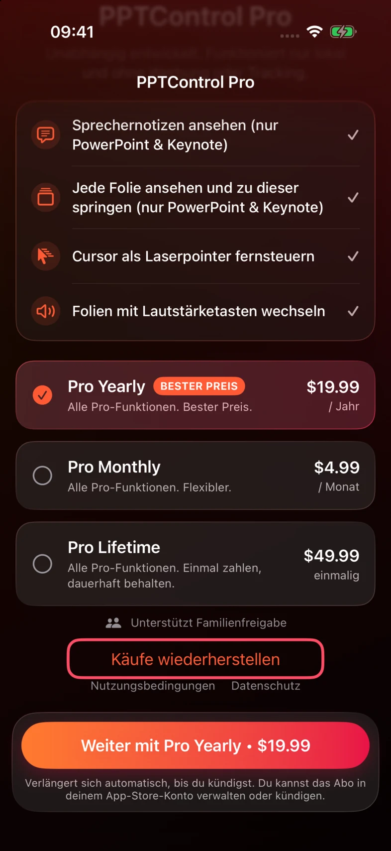 Wähle auf der Seite PPTControl Pro Käufe wiederherstellen. Die gezeigten Angebote und Preise sind Beispiele.