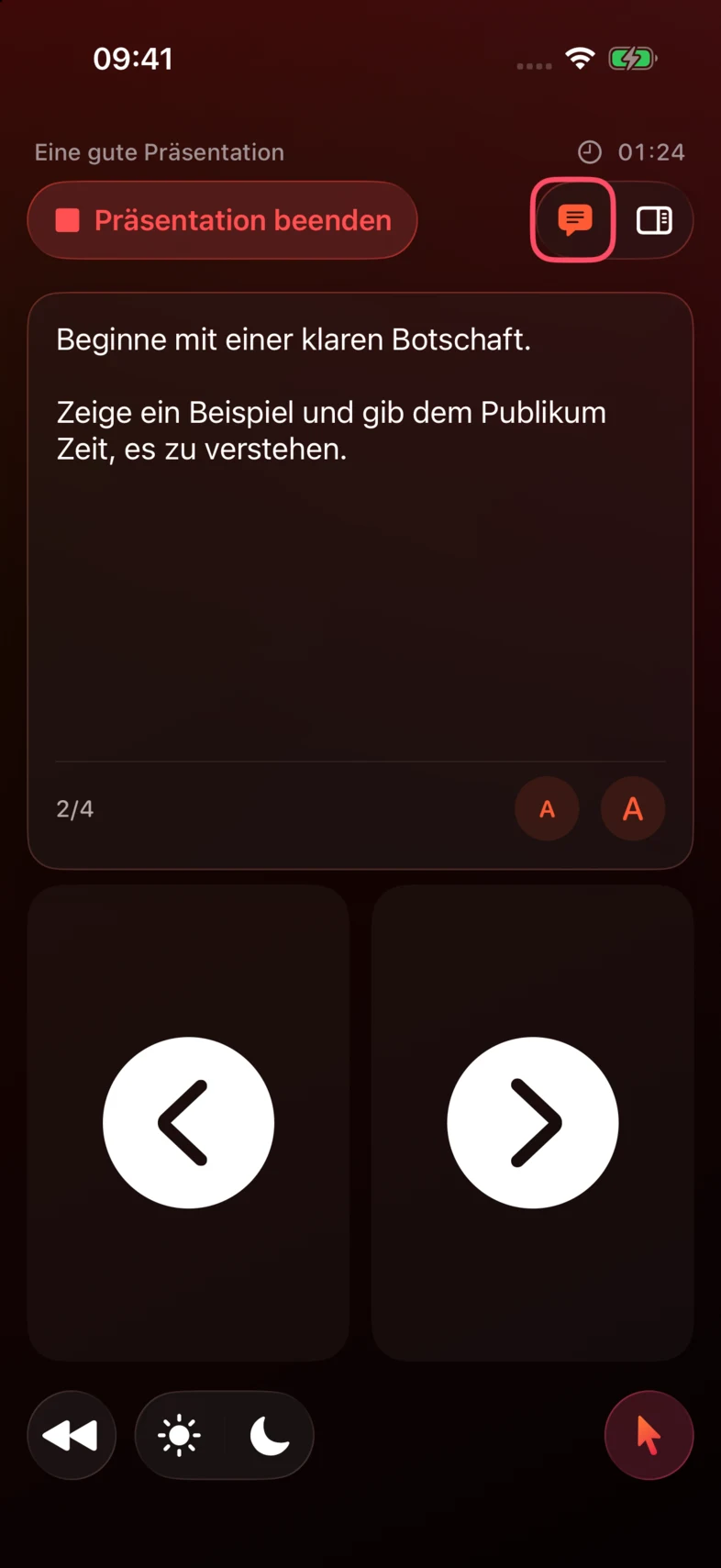 Tippe auf die Sprechblase, um Notizen ein- oder auszublenden. Das Bild zeigt eine Beispielpräsentation.