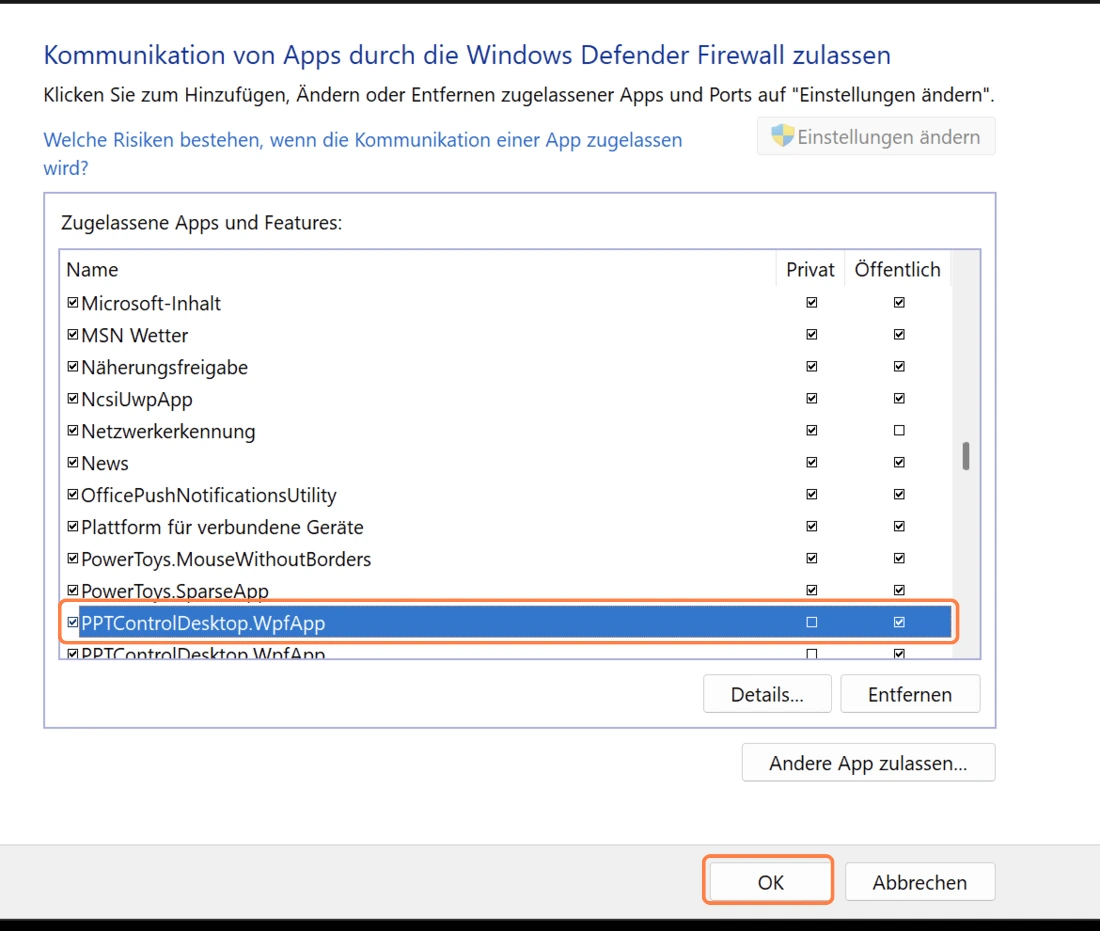 PPTControlDesktop.WpfApp ist in diesem Beispiel für Öffentlich zugelassen. Nutze dein aktives Profil und klicke auf OK.