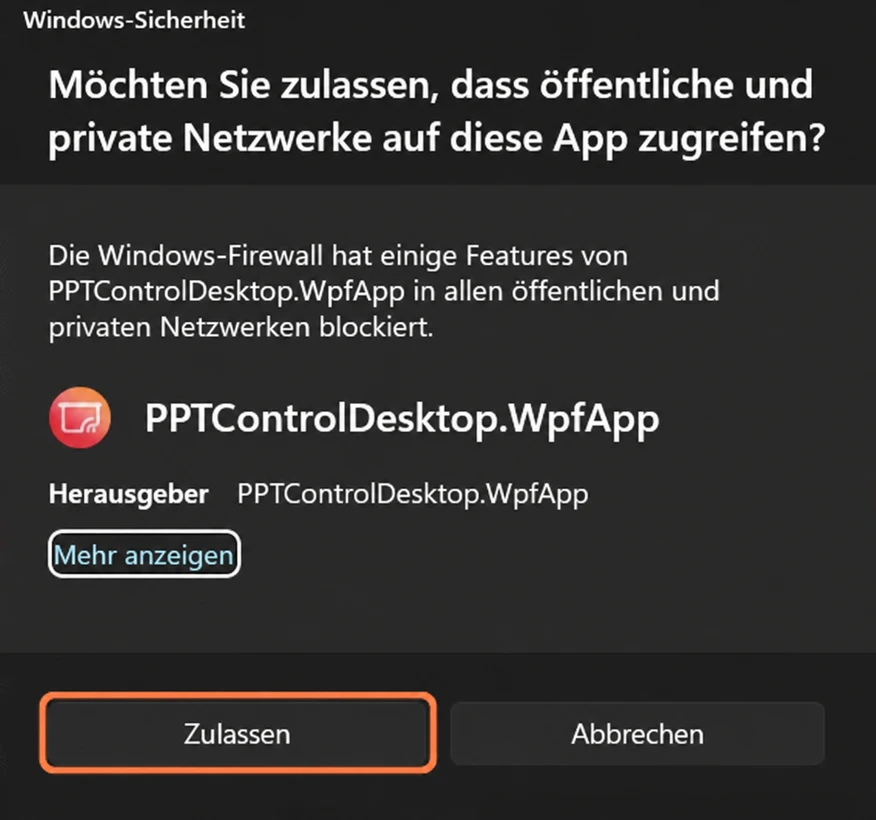 Windows-Sicherheit: Klicke bei der Anfrage für PPTControl Desktop auf Zulassen (Beispielansicht).