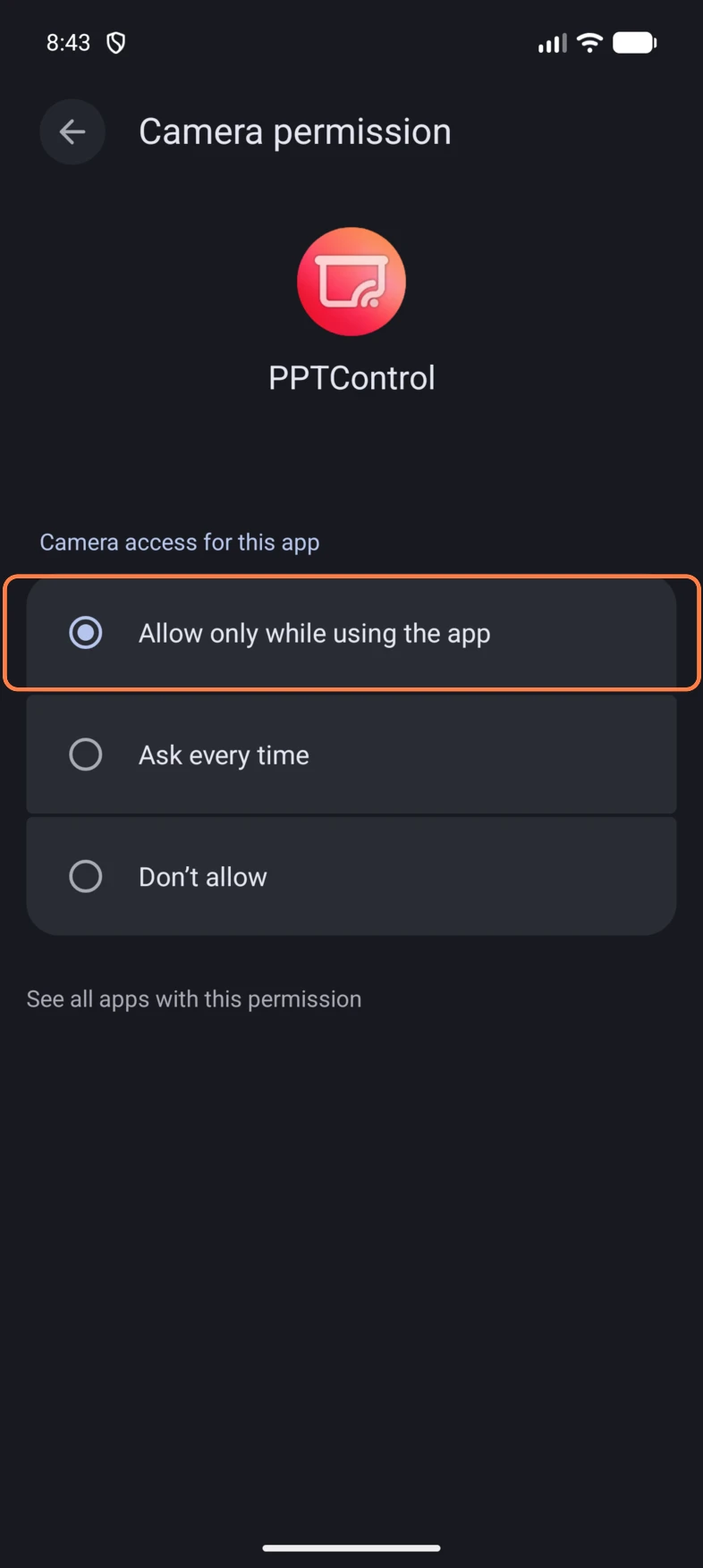 For Camera, select Allow only while using the app. The filled circle shows the selected option.