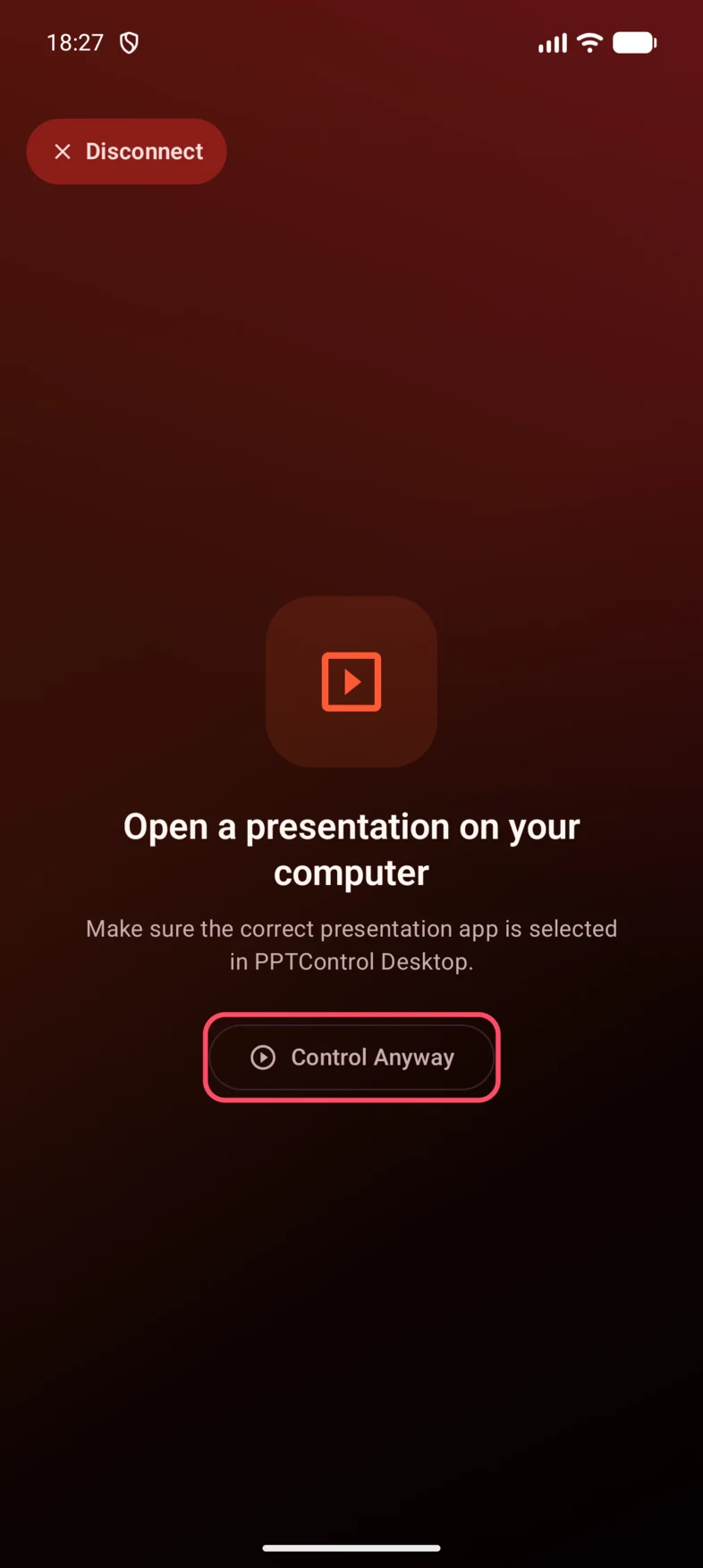 1. If the slideshow is running but not detected, tap Control Anyway.
