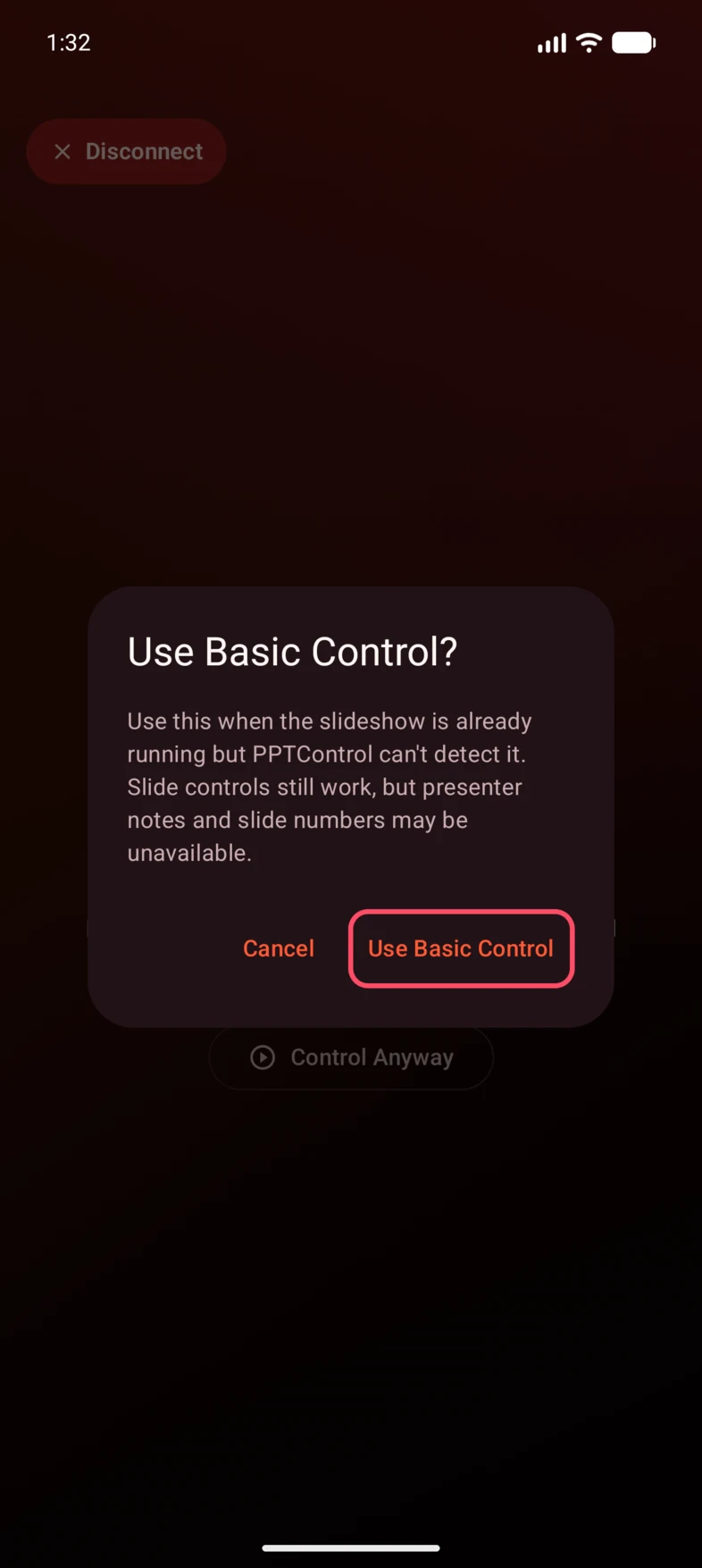 2. Confirm with Use Basic Control.
