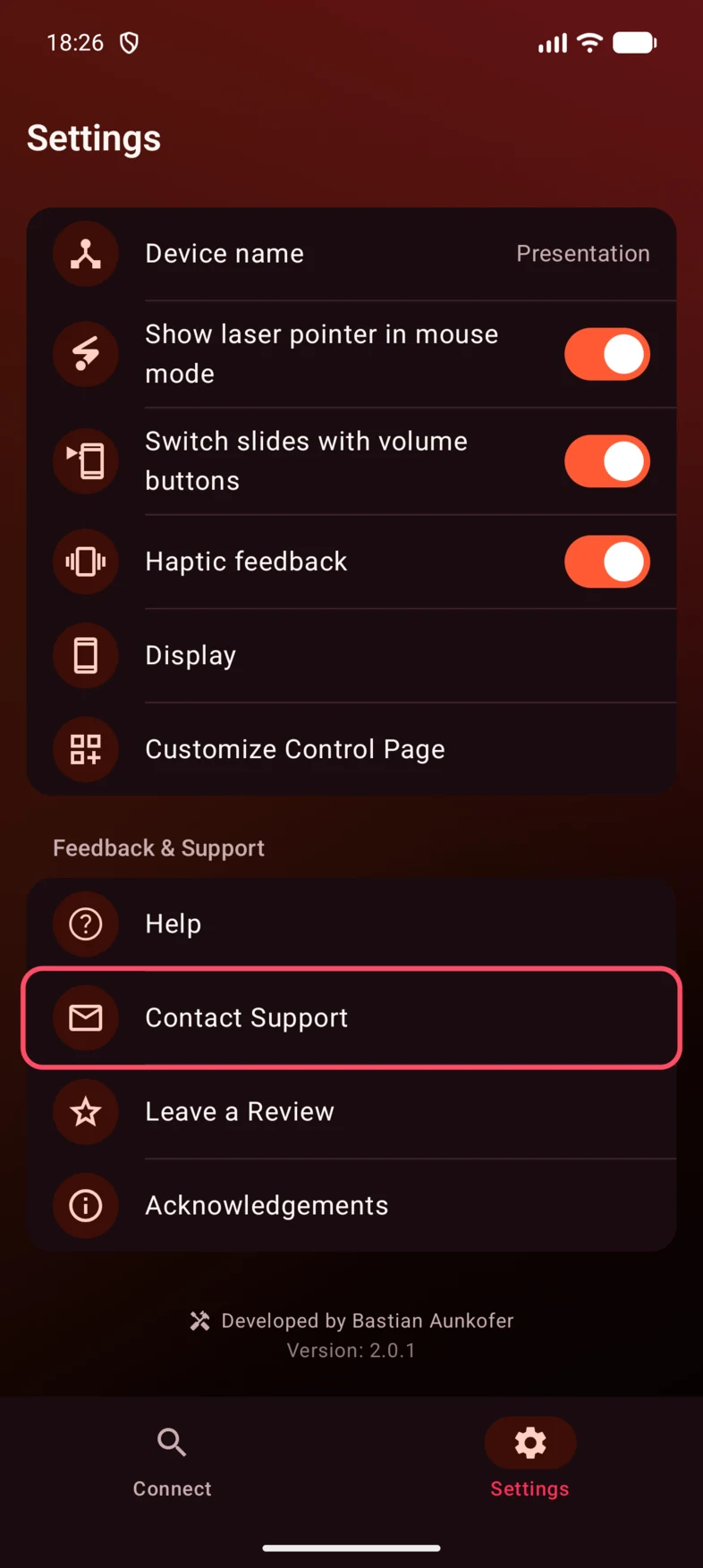 In Settings, scroll to Feedback & Support and tap Contact Support.