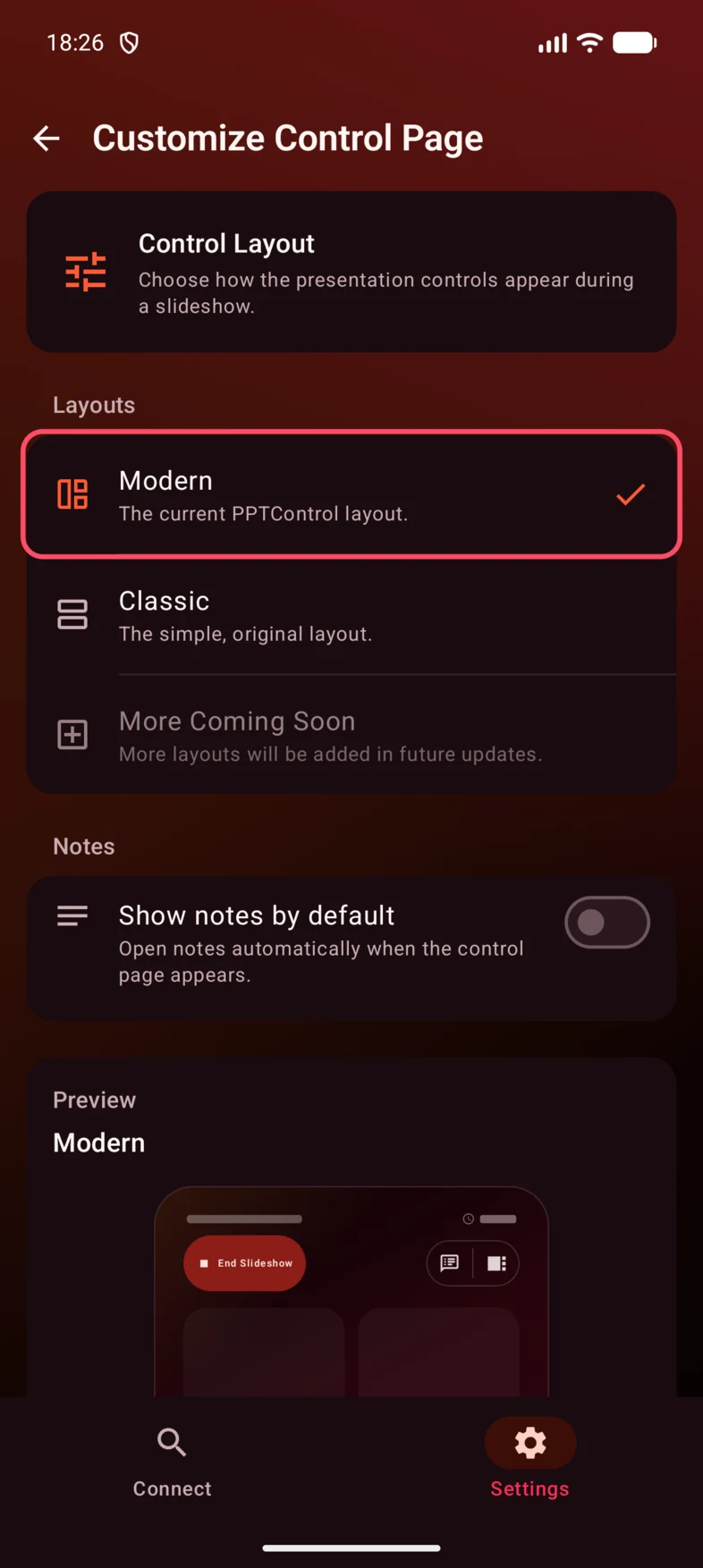 In Customize Control Page, choose Modern or Classic.