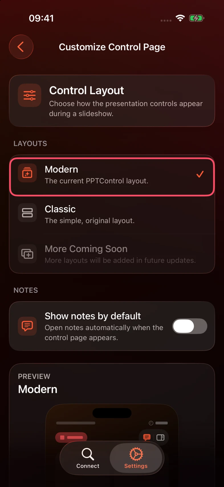 In Customize Control Page, choose Modern or Classic.