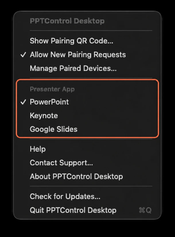 In the Mac menu, choose the matching Presenter App. PowerPoint is selected here.