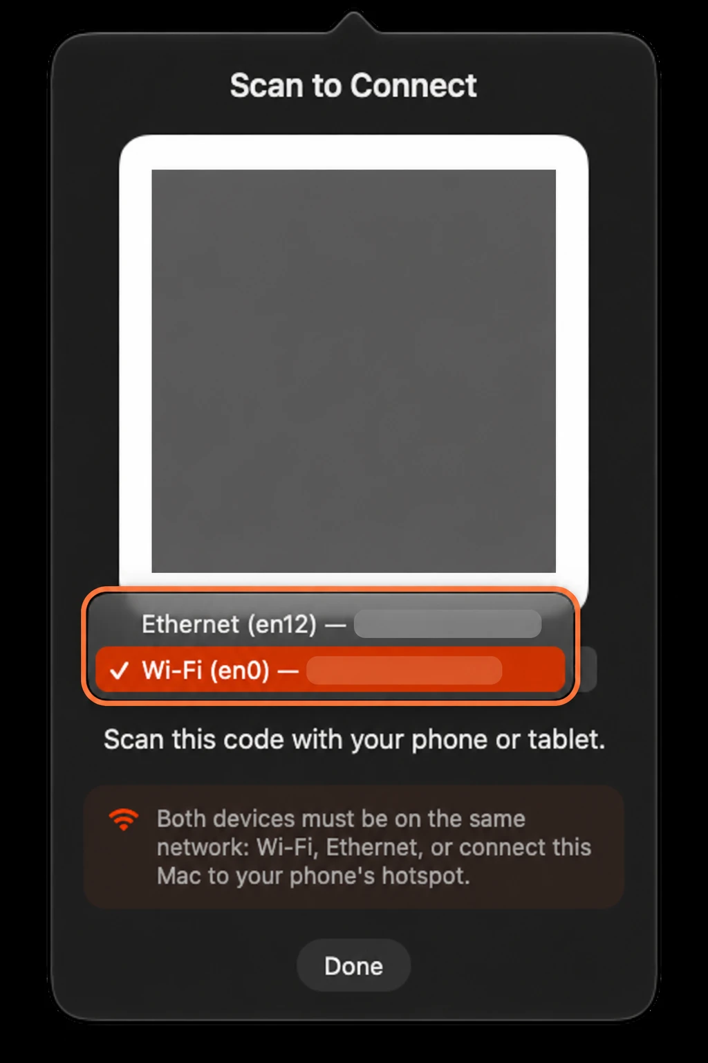 On Mac, choose another available address below the QR code, then scan the updated code.