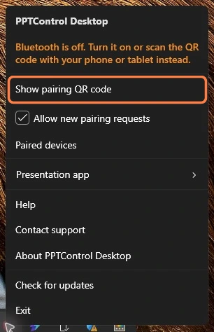 1. In the Windows menu, choose Show pairing QR code.