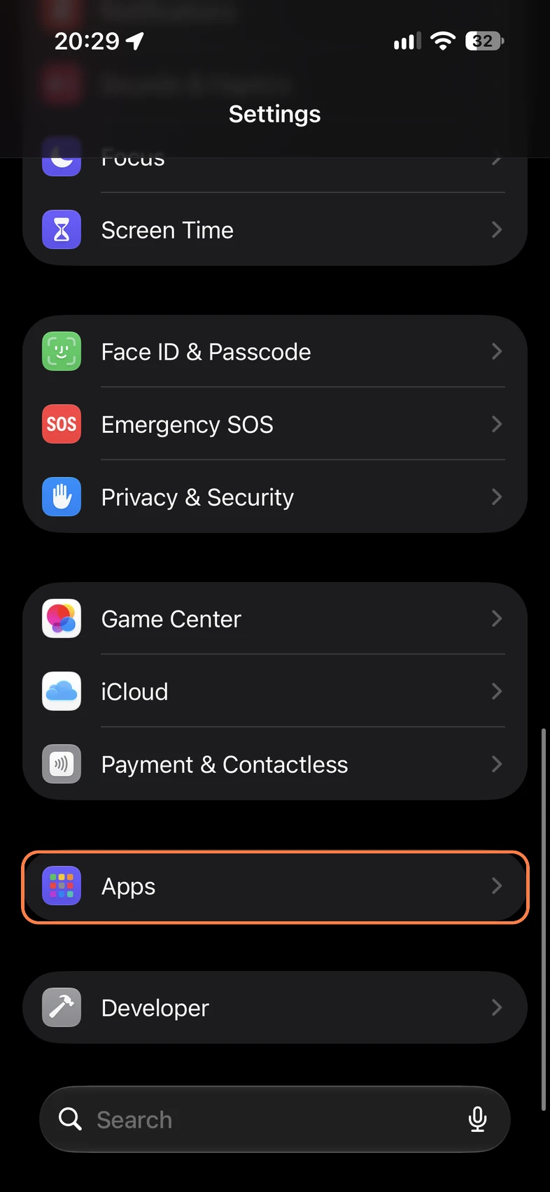 In the iPhone Settings app, scroll down and tap Apps.