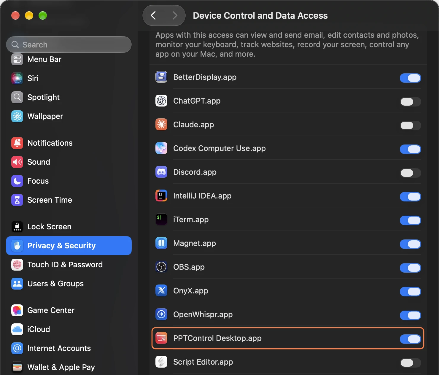 Turn on PPTControl Desktop. The blue switch shows that access is allowed (macOS 27).
