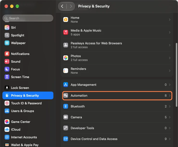 In Privacy & Security, open Automation.