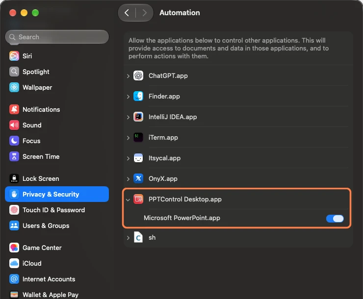 Expand PPTControl Desktop and turn on Microsoft PowerPoint. The blue switch shows that access is allowed.